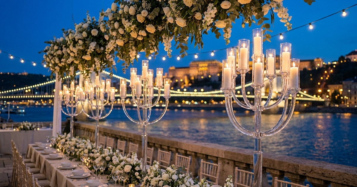A long outdoor dining table beautifully decorated with white flowers and elegant wedding candelabras, set beside a river at dusk, with string lights and a brightly illuminated bridge in the background—perfect inspiration for where to buy wedding candelabras.