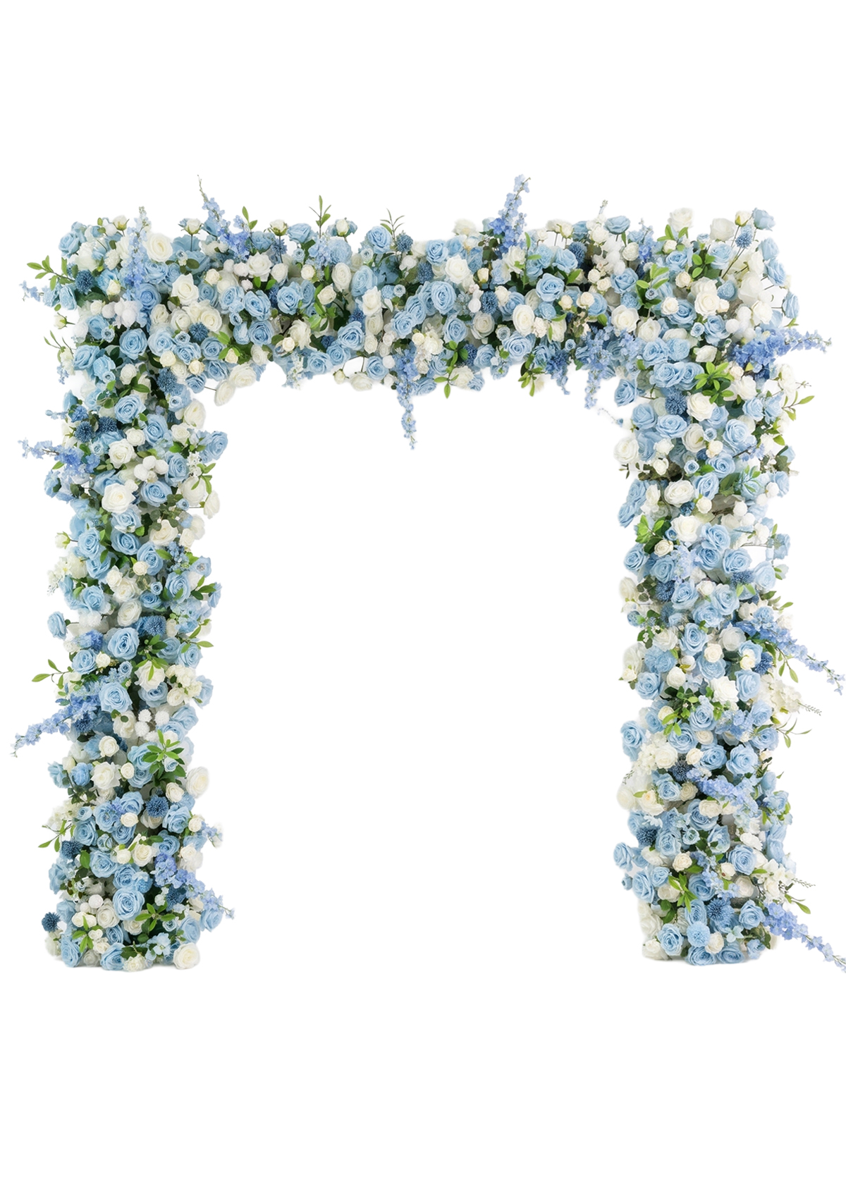 Create a striking display for any special event with the Blue White Rose Flower Arch Backdrop, an elegant and serene 8ft x 8ft roll up floral cover featuring densely arranged blue and white flowers with green leaves set against a white backdrop. Perfect for wedding ceremonies, this decorative piece is designed to impress (Backdrop Frame Stand Sold Separately) – Product #860820.