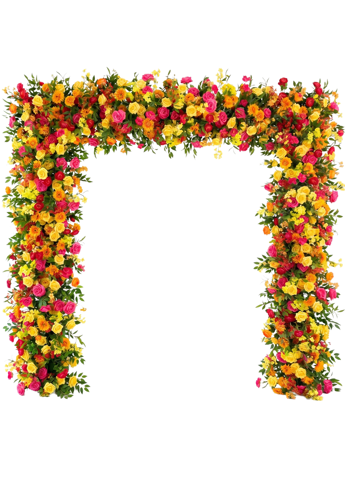 The Yellow Pink Rose Flower Arch Backdrop, featuring vibrant yellow, pink, and orange blooms with lush green leaves, forms a stunning 8ft x 8ft rectangular floral cover—creating a striking and eye-catching backdrop for wedding ceremonies (Backdrop Frame Stand Sold Separately).