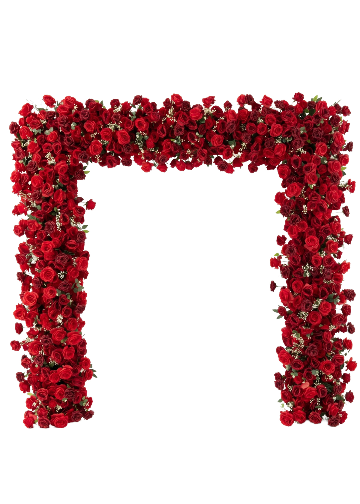 The Roll Up Flower Backdrop for Arch Stand features a bold, luxurious red rose floral frame with lush green foliage and fabric backing, creating a stunning event backdrop against a crisp white background.