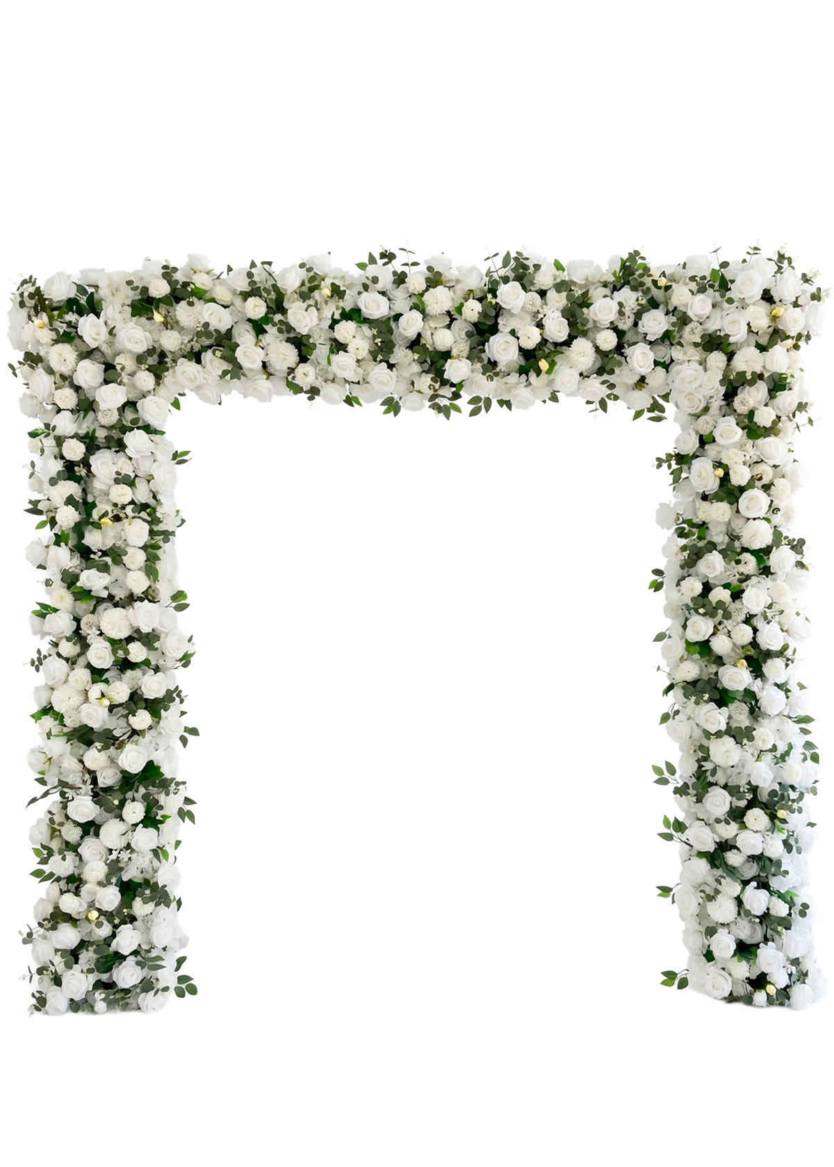 The Wedding White Floral Arch Backdrop is a classic, luxurious 8ft x 8ft rose greenery roll up flower display (backdrop frame stand sold separately), featuring abundant white florals and lush green leaves—ideal as an elegant backdrop for receptions or any special event.