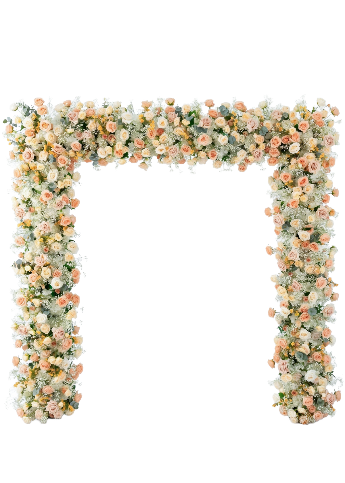 Elegant and romantic Peach Ivory Rose Flower Arch Backdrop featuring densely arranged pastel peach and white rose blooms with green leaves, sized 8ft x 8ft, perfect for wedding ceremony décor.