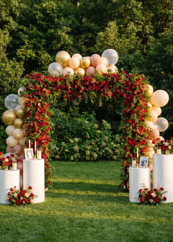The Royal Blue Rose Flower Arch Backdrop (8ft x 8ft) creates an elegant scene on the lawn, accented with gold, white, and pink balloons. White pillars with candles, framed photos, flower arrangements, and lush greenery complete the wedding decor.