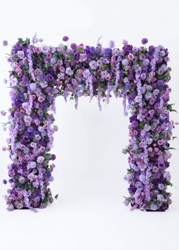 An 8ft Burgundy Red Rose Roll Up Flower Backdrop Set, a luxury romantic fabric floral arch with lush purple, lavender, lilac flowers, green foliage, and pops of burgundy red roses on a pipe stand for wedding decor-860829BDL2 (Copy), against a white background.