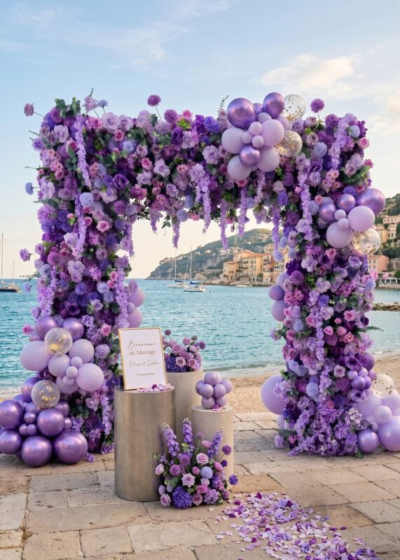The Burgundy Red Rose Flower Arch Backdrop (8ft x 8ft) creates a stunning romantic setting by the sea, with boats and a coastal town behind. Two pedestals display a sign and bouquet, while petals are scattered on the stone ground.