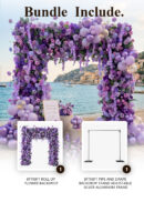 An 8ft Burgundy Red Rose Roll Up Flower Backdrop Set with an adjustable pipe stand creates a luxury floral arch by the water, adorned with purple flowers and balloons. Insets display the rose backdrop and silver frame included in the bundle.