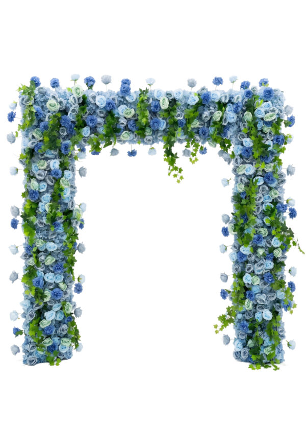An 8ft x 8ft Blue Green Rose Hydrangea Roll Up Flower Backdrop, featuring a lush arrangement of blue, light blue, and light pink roses, green leaves, and trailing greenery on a fabric backing for wedding décor (Backdrop Frame Stand Sold Separately), set against a white background.