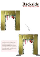 8ft x 8ft Blue Green Rose Hydrangea Roll Up Flower Backdrop shown from the back, featuring garlands, light pink stockings, and delicate flower accents hanging. Text highlights the durable fabric backing and pre-sewn pockets for easy, secure installation on a backdrop stand (frame sold separately); material conveniently rolls up for storage.