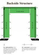 Diagram of the 8ft x 8ft Blue Green Rose Hydrangea Roll Up Flower Backdrop, Luxury Fresh Floral Arch Cover with Fabric Backing for Wedding Decor (Backdrop Frame Stand Sold Separately). Labeled height and width, showing two green side panels and a top panel. Includes notes on pre-made sewed ties for easy attaching and a pre-made pocket for hanging—ideal for setting up an elegant flower-themed display.