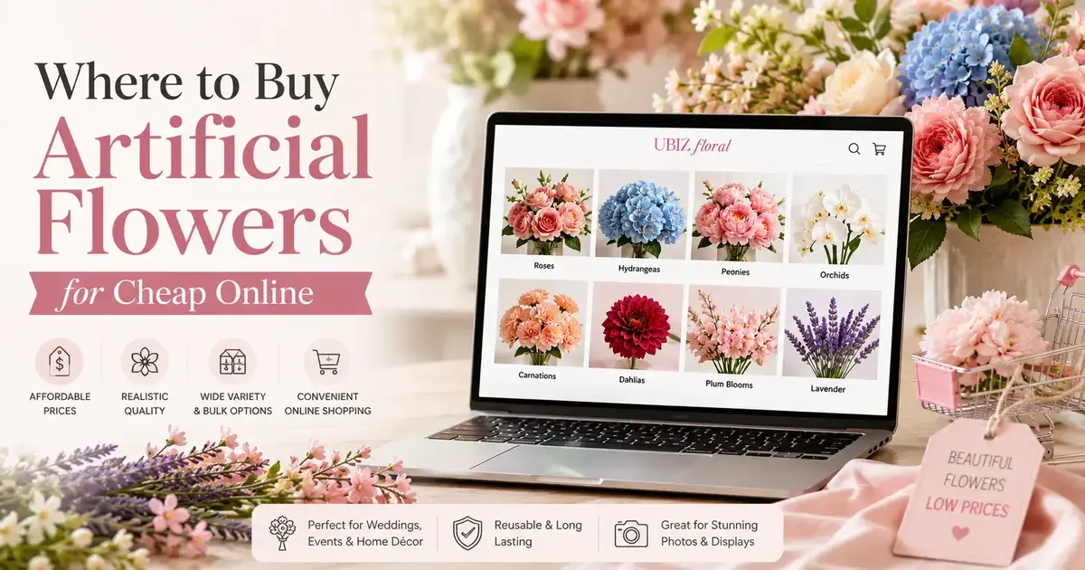 A laptop on a desk displays Where to Buy Artificial Flowers for Cheap Online.