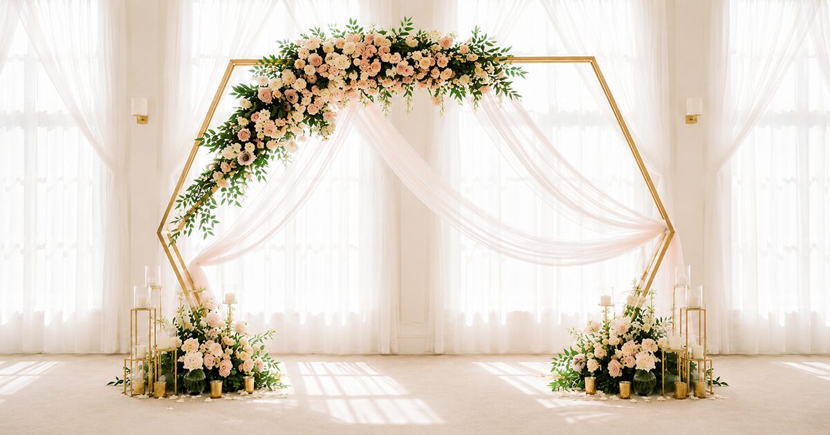 A gold hexagonal flower arch decorated with pink and white flowers, green leaves, and draped pink fabric stands in front of sheer white curtains, with candles and floral arrangements at the base.