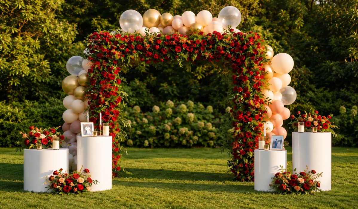 Floral arch with red and white flowers and balloons, set outdoors on grass. Three white stands with framed photos, candles, and flower arrangements—perfect for those searching where to buy bulk artificial flowers for wedding decor—are in front of the arch. Green bushes fill the background.