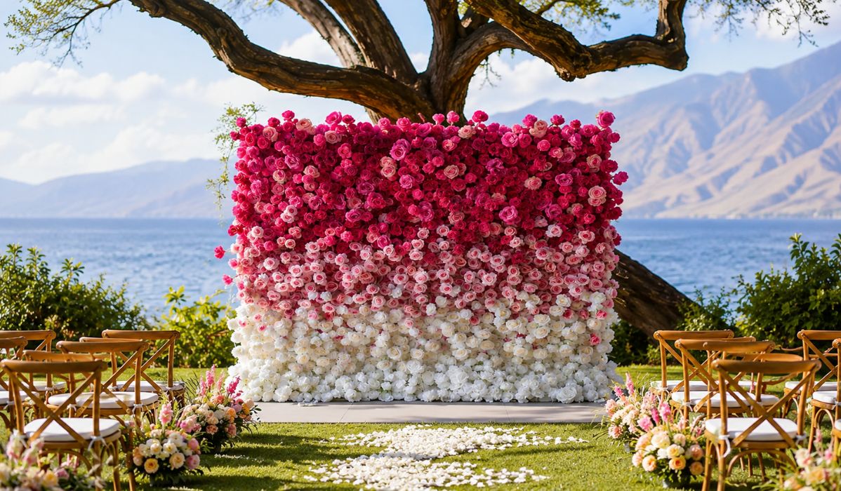 Outdoor wedding setup with chairs facing a pink, white, and red flower wall backdrop, under a large tree by a lake with mountains in the background. Petals are scattered on the aisle, creating a dreamy scene that might leave you wondering: how much do flower walls cost for such breathtaking elegance?.