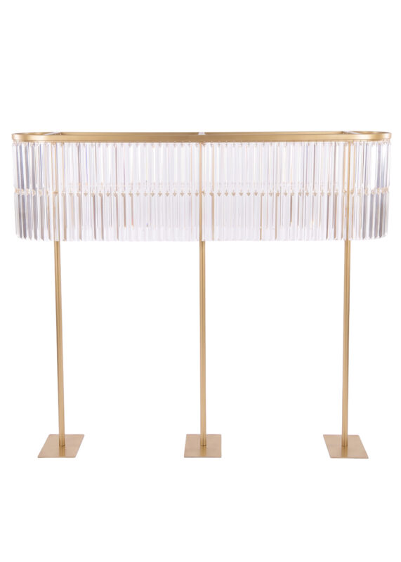 Gold Double-Layer Crystal Fringe Wedding Centerpiece Stand, Glamorous & Radiant 51.2in Tall Oval Design featuring two rows of hanging clear prisms supported by three vertical poles on flat square bases.