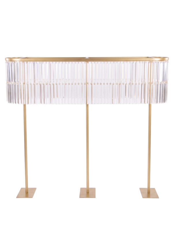 Gold Double-Layer Crystal Fringe Wedding Centerpiece Stand, Glamorous & Radiant 51.2in Tall Oval Design featuring two rows of hanging clear prisms supported by three vertical poles on flat square bases.