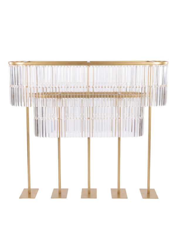Gold Double-Layer Crystal Fringe Wedding Centerpiece Stand, Glamorous & Radiant 51in Tall Oval Design featuring two tiers of hanging clear crystal beads supported by five vertical poles.