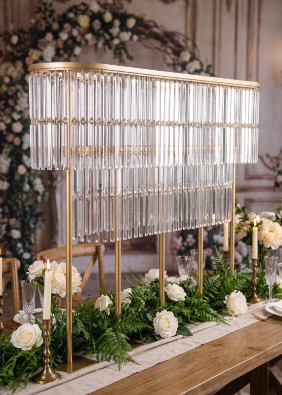 51in & 40in Gold Oval Crystal Fringe Centerpiece Stand Set featuring two tiers of hanging glass crystals, displayed on a dining table decorated with greenery and white roses.