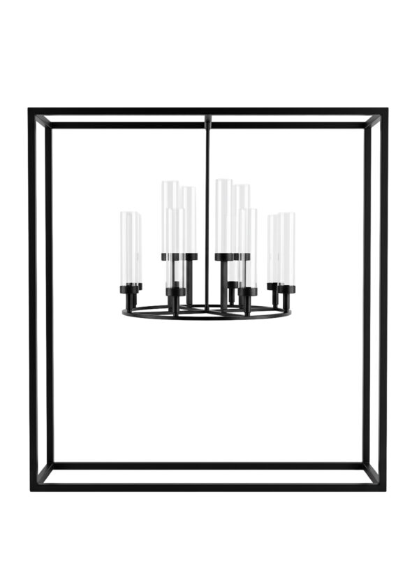 39.4in Black Square Frame Hanging Candelabra Centerpiece featuring a black square frame enclosing a 12-arm candle-style chandelier with glass shades.
