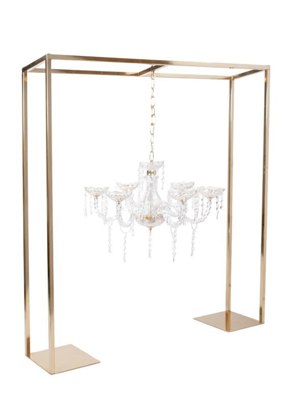 A crystal chandelier with twelve candle cups hangs from a 12-Arm Gold Hanging Candelabra Centerpiece, Luxurious & Romantic 39in Square Wedding Candle Stand.