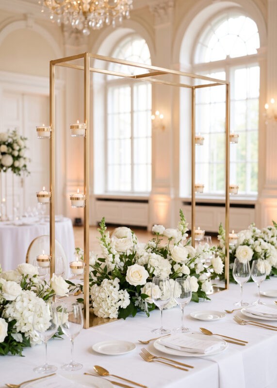A 39in Gold 12-Bowl Candle Holder Centerpiece Stand, designed as a tall gold square metal frame holding twelve tea light candles, positioned over a table decorated with white roses and hydrangeas.