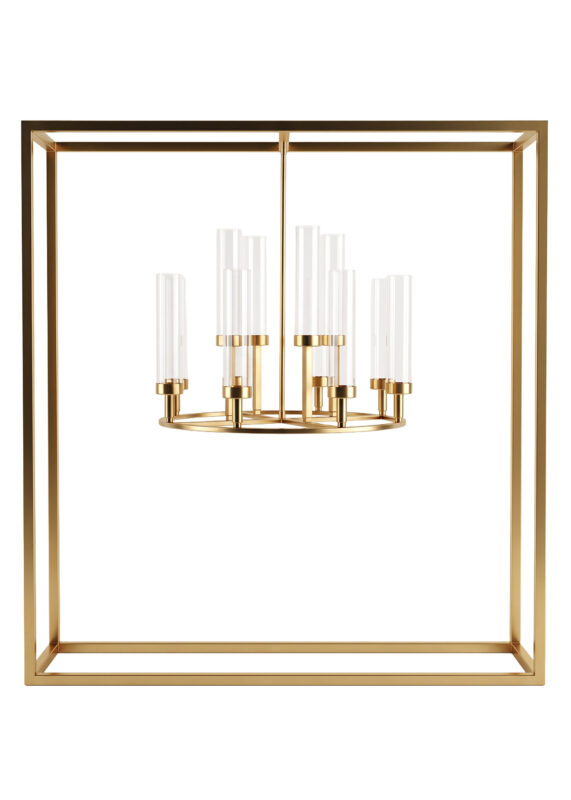 A 39.4in Black Square Frame Hanging Candelabra Centerpiece featuring a gold-tone 12-arm chandelier with clear cylindrical glass shades suspended inside a large square gold-tone frame.