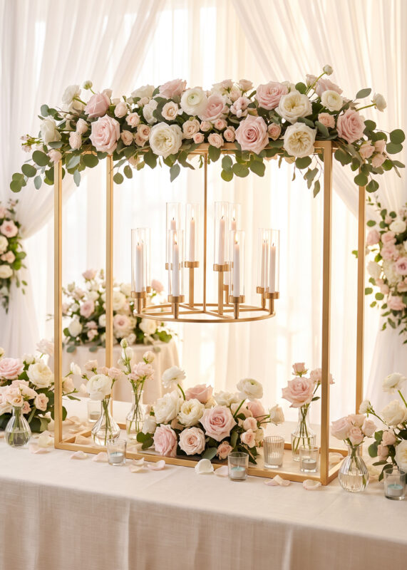 39in Gold Square Frame Hanging 12-Arm Candelabra Centerpiece adorned with pink and white roses and greenery, displayed on a table with smaller floral arrangements.