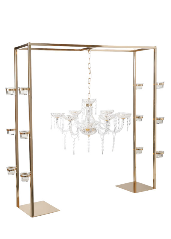 39in Gold Square Wedding Centerpiece Stand, Stunning & Elegant 12 Side Candle Bowls with 6-Arm Acrylic Hanging Chandelier featuring a gold square base with twelve glass candle holders and a central six-arm acrylic chandelier.
