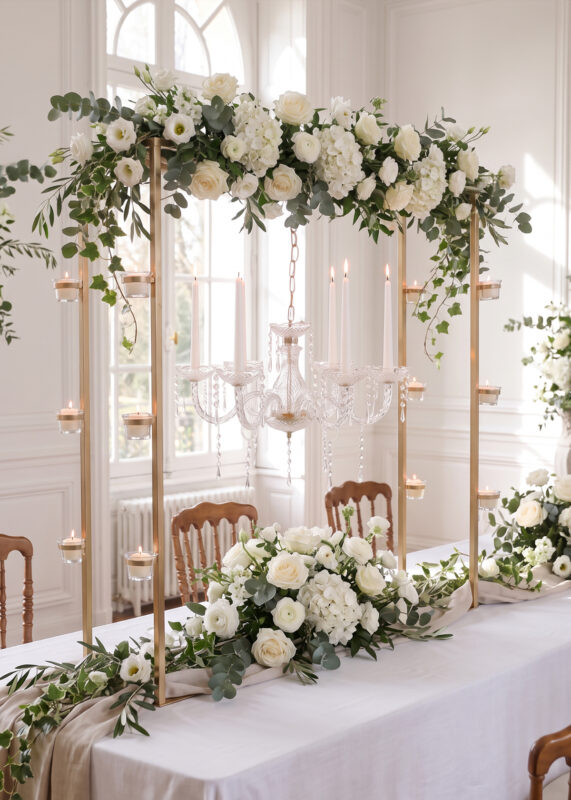 A 39in Gold Square Wedding Centerpiece Stand, Stunning & Elegant 12 Side Candle Bowls with 6-Arm Acrylic Hanging Chandelier, decorated with white flowers, hanging tea light candles, and a central crystal chandelier.