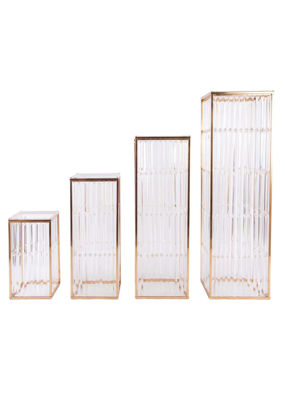 Set of 4 Gold Crystal Stripe Pedestal Stands, Stunning & Elegant Rectangular Wedding Flower Centerpieces, 16–39in featuring four gold square centerpiece stands in varying heights with gold frames and clear crystal-like vertical rods.