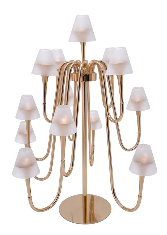 A gold-tone candelabra lamp with twelve arms, each topped with a small frosted glass shade.